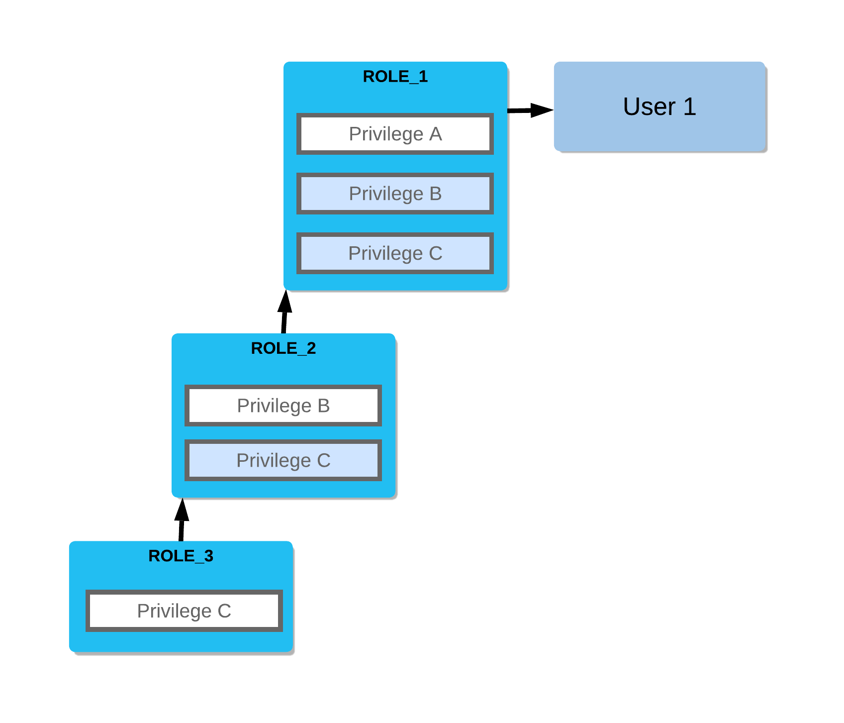 Snowflake RBAC hierarchy diagram showing users, roles, privileges, and securable objects